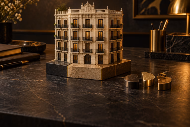 Maqueta de un edificio valenciano y participaciones de latón, en tonos negros y dorados.
