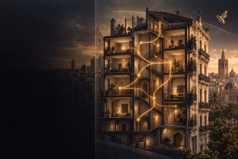 Ilustración conceptual de un edificio valenciano con rutas de luz dorada, sobre inversión en viviendas con procedimiento judicial.