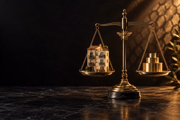 Ilustración conceptual de una balanza dorada con una vivienda, sobre las reglas de adjudicación en subastas.