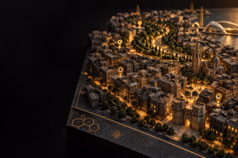 Maqueta conceptual de barrios de Valencia con marcadores dorados para ilustrar el análisis de ubicaciones.