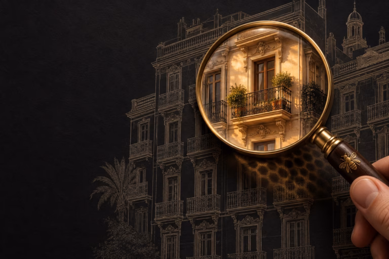 Lupa dorada que destaca una fachada valenciana, ilustración del análisis de valor inmobiliario.