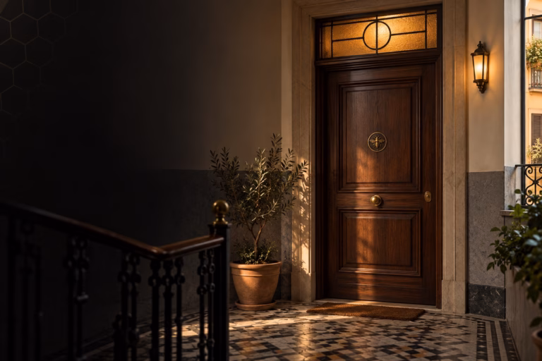 Puerta cerrada de una vivienda mediterránea con detalles dorados, ilustración del análisis de la posesión.