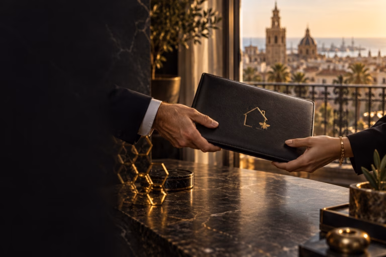 Entrega de una cartera con símbolo de vivienda, ilustración de la cesión de crédito hipotecario en negro y dorado.