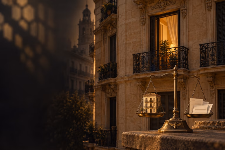 Fachada de inspiración valenciana y balanza con vivienda y recibos, representación conceptual de una venta con impagos.