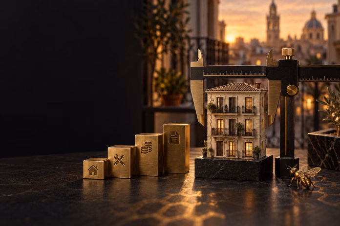 39-hero-v2 Maqueta de vivienda medida con un calibre y bloques de costes, representación conceptual del análisis de una compra con impagos.