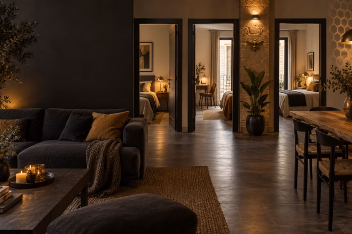 Interior conceptual de vivienda compartida con salón común y dormitorios individuales, en tonos negros y dorados.
