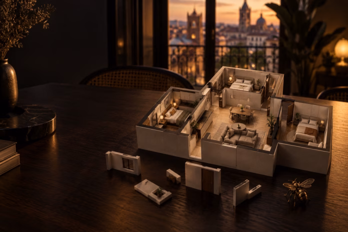 Ilustración editorial de una maqueta de piso compartido para revisar errores del alquiler por habitaciones en Valencia.