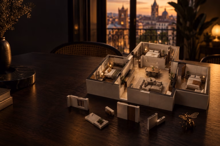 Ilustración editorial de una maqueta de piso compartido para revisar errores del alquiler por habitaciones en Valencia.