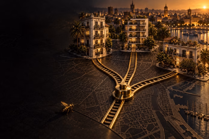 45-hero-v2 Ilustración editorial de tres caminos dorados hacia edificios, como comparación de modelos de alquiler en Valencia.