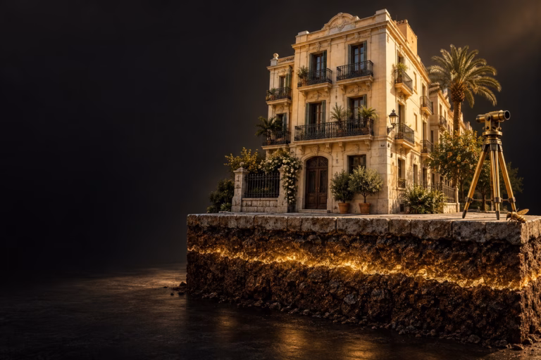 Ilustración editorial de un edificio sobre un terreno con una franja dorada, símbolo del valor del suelo y la plusvalía municipal.