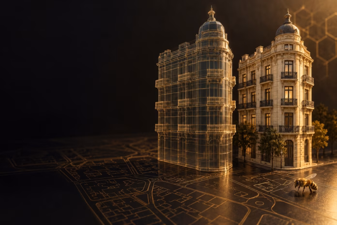 Ilustración de un edificio y su representación técnica dorada sobre un plano, símbolo del valor fiscal y comercial.