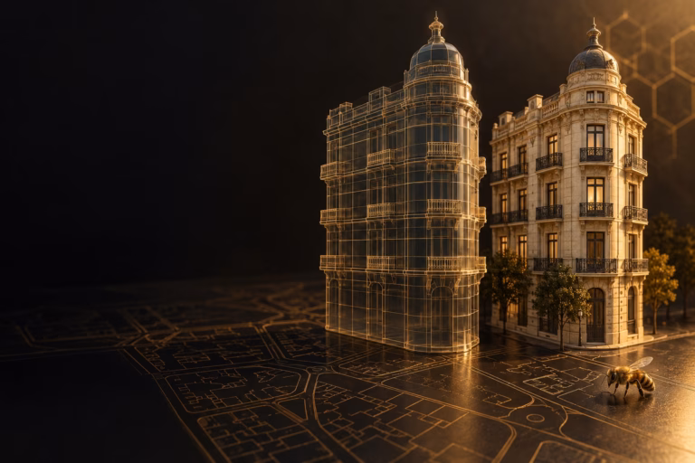 Ilustración de un edificio y su representación técnica dorada sobre un plano, símbolo del valor fiscal y comercial.
