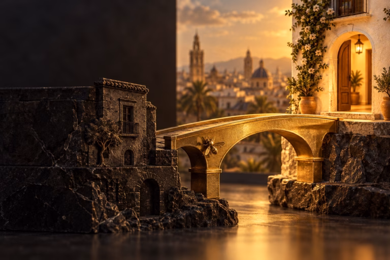 Ilustración editorial de un puente dorado hacia una vivienda, símbolo de la ayuda familiar para comprar casa.