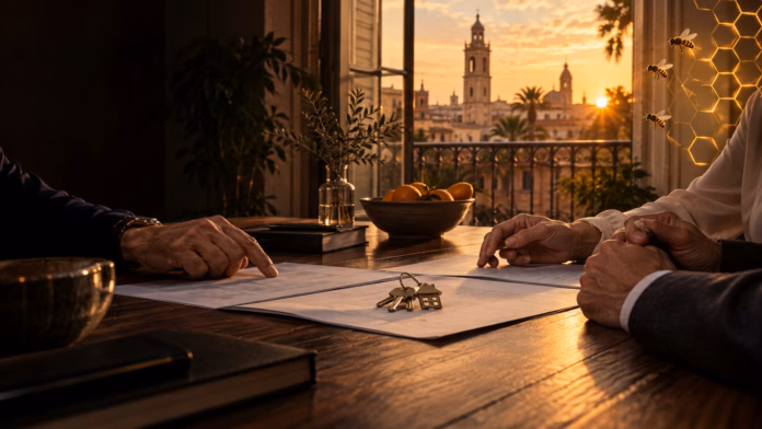 Vivienda heredada en Valencia: cómo negociar con el familiar que vive dentro Ilustración editorial de vivienda heredada en Valencia: cómo negociar con el familiar que vive dentro, en tonos negros y dorados con abejas.