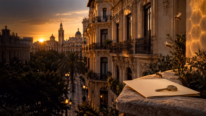 Ilustración editorial de vender un piso en Valencia con embargo: opciones reales antes de perder valor, en tonos negros y dorados con abejas.