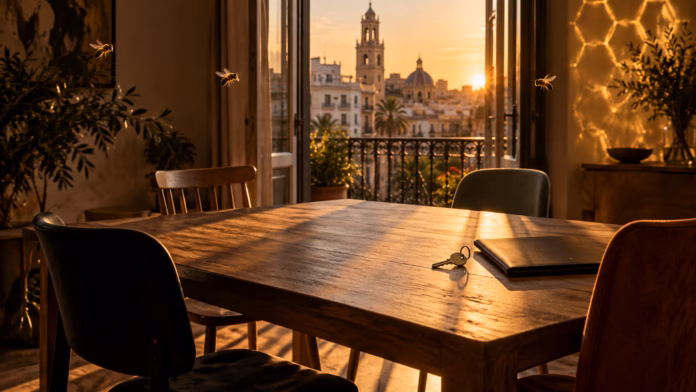 Vender una vivienda en Valencia con varios propietarios en desacuerdo Ilustración editorial de vender una vivienda en Valencia con varios propietarios en desacuerdo, en tonos negros y dorados con abejas.