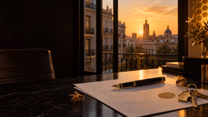 Ilustración editorial de cuándo es firme el importe de una subasta inmobiliaria en Valencia, en tonos negros y dorados con abejas.