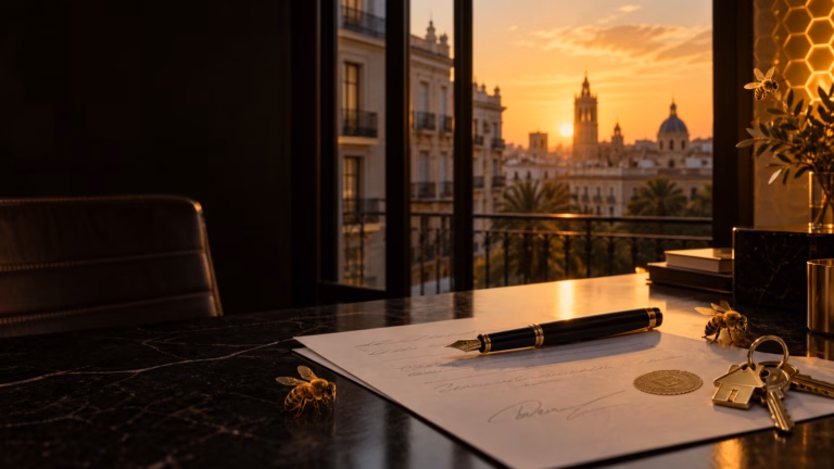 Ilustración editorial de cuándo es firme el importe de una subasta inmobiliaria en Valencia, en tonos negros y dorados con abejas.