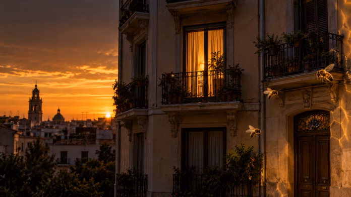 Ilustración editorial de comprar vivienda ocupada en Valencia: riesgos, precio y estrategia, en tonos negros y dorados con abejas.