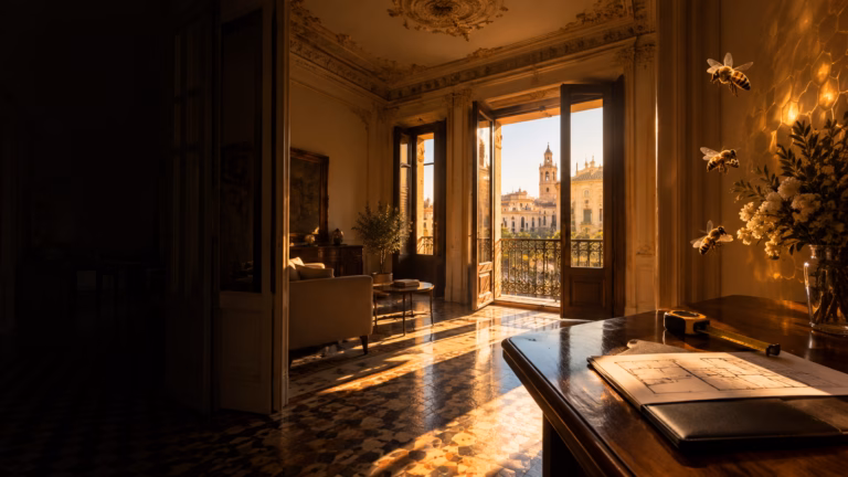 Ilustración editorial de qué valor declarar en una herencia inmobiliaria en Valencia, en tonos negros y dorados con abejas.