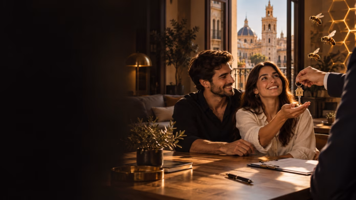 Ayudas IVF para comprar vivienda en Valencia en 2026: requisitos y aval Ilustración editorial de ayudas IVF para comprar vivienda en Valencia en 2026: requisitos y aval, en tonos negros y dorados con abejas.