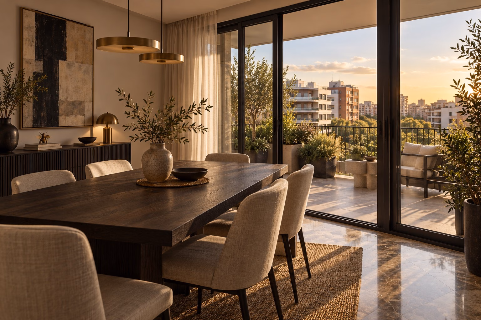 Interior conceptual de una vivienda luminosa con terraza, materiales cálidos y detalles negros y dorados.