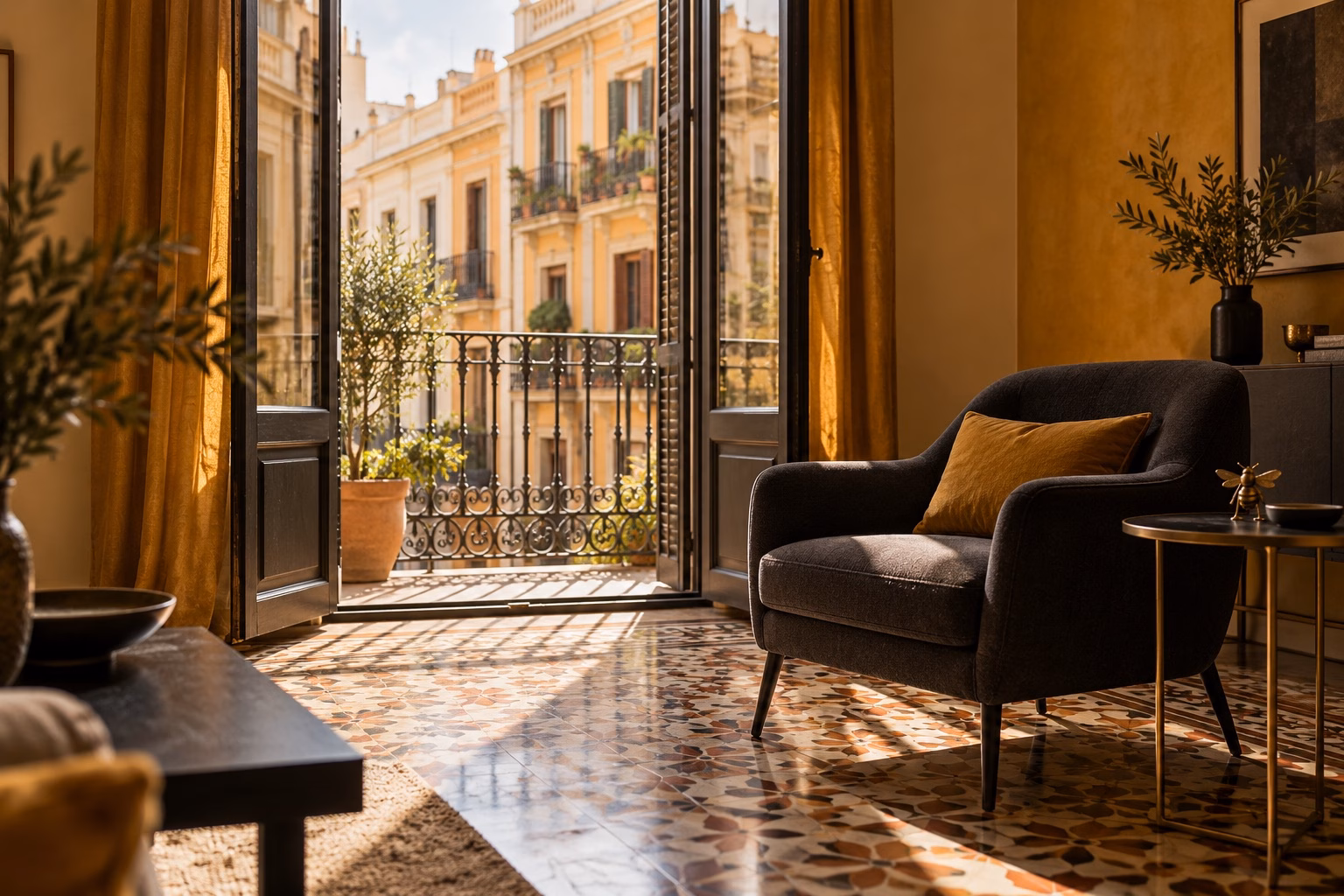 Interior conceptual de inspiración valenciana, con balcón, suelo de mosaico y luz cálida.